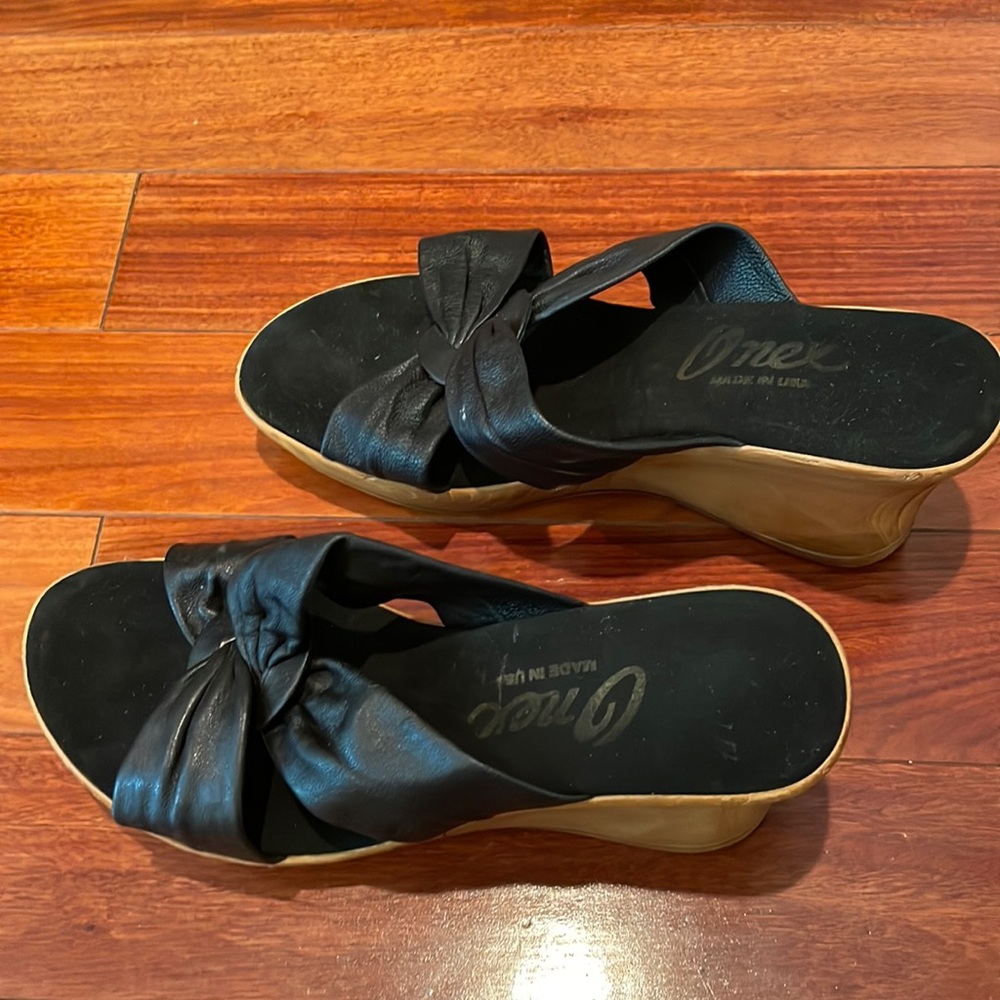 onex black slide sandals wedge mules - leather - sz 8.5